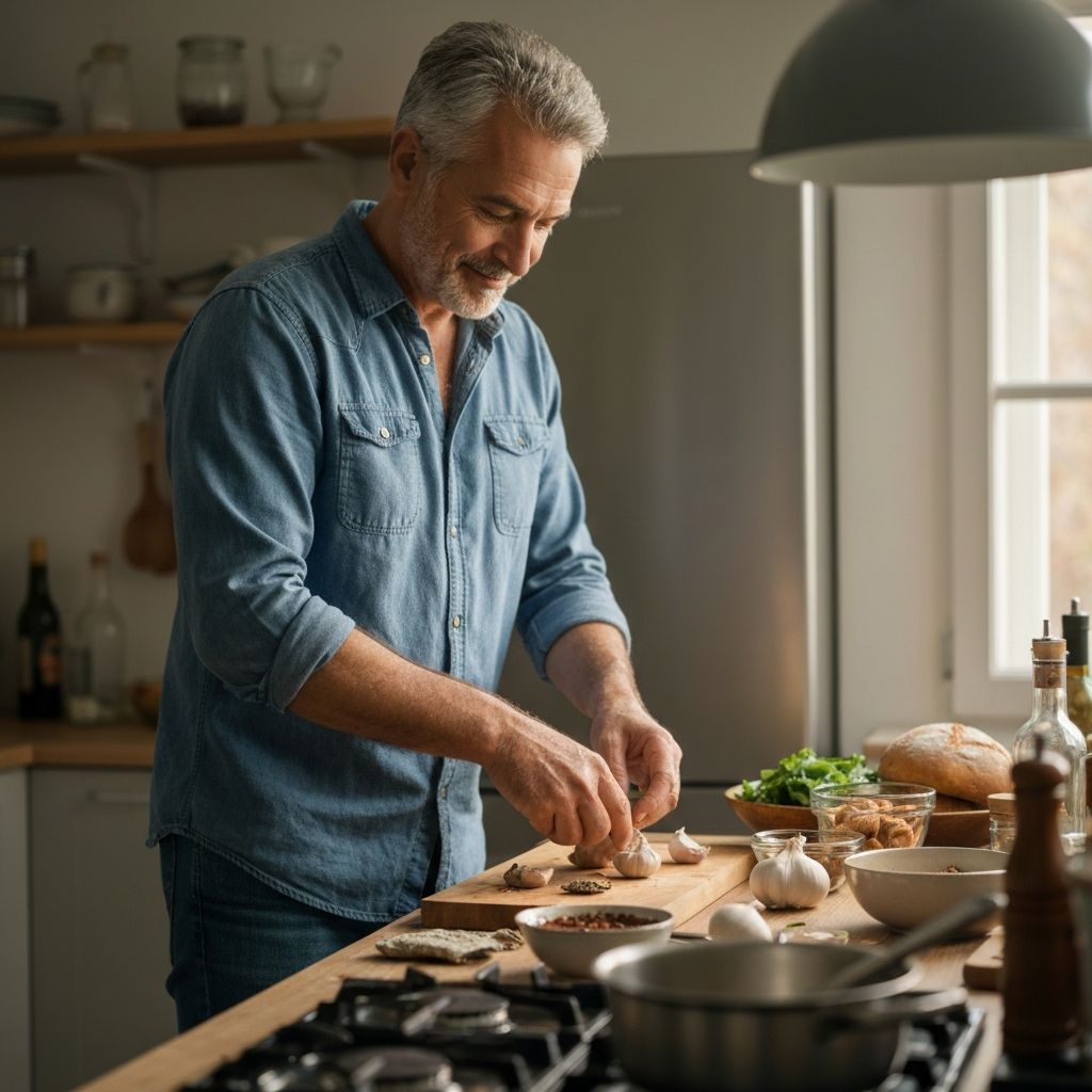Pessoa a preparar refeição em casa num ambiente tranquilo
