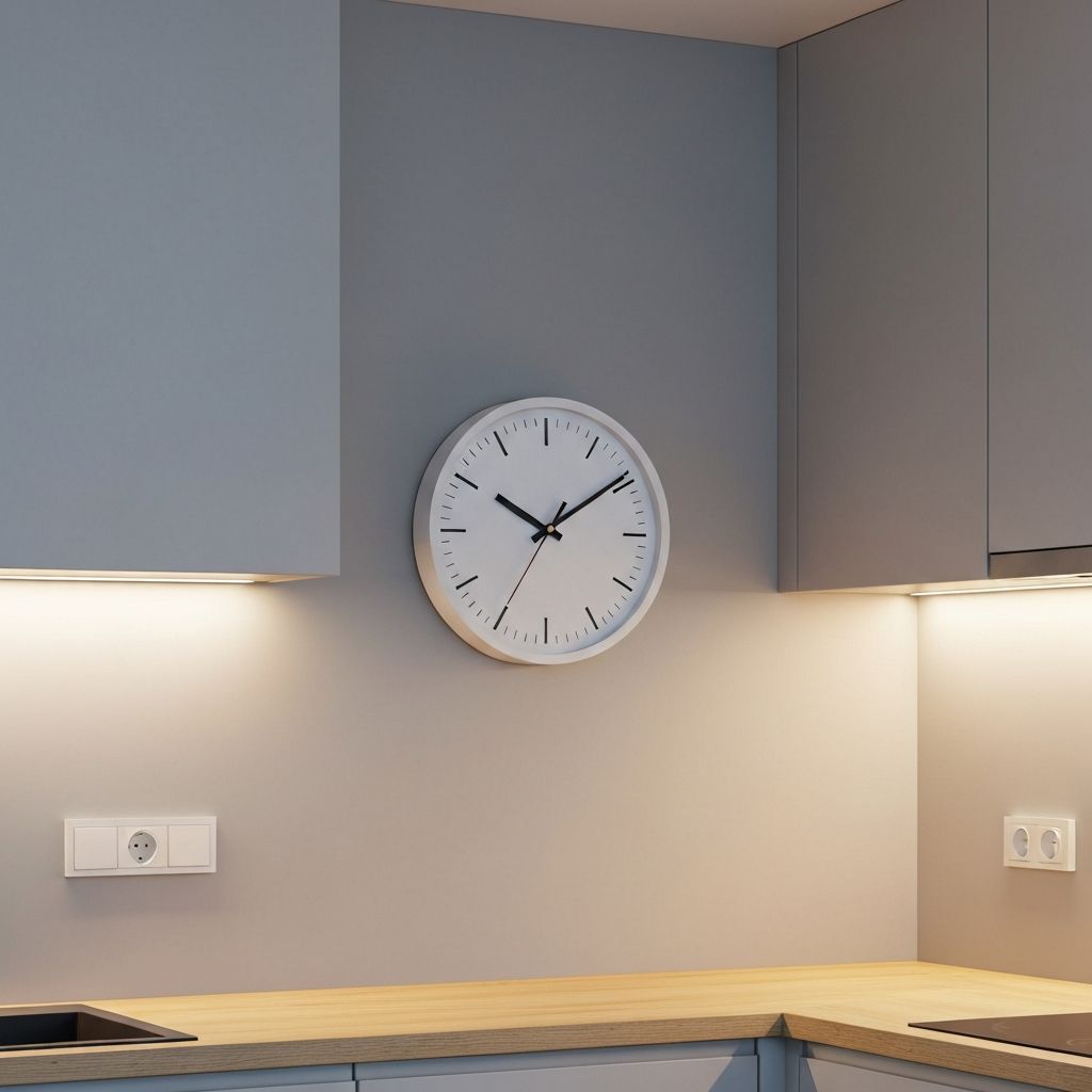 Relógio de parede numa cozinha moderna com luz suave